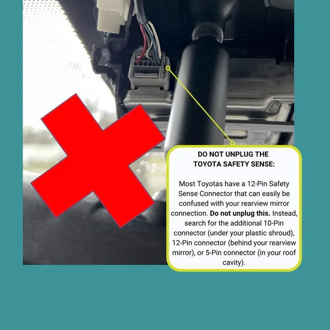 Toyota Safety Sense connector warning to avoid unplugging during Dongar Pro mirror power adapter installation
