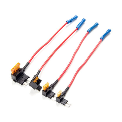 Four black fuse taps fitted with orange fuses illustrating different pin counts for car wiring
