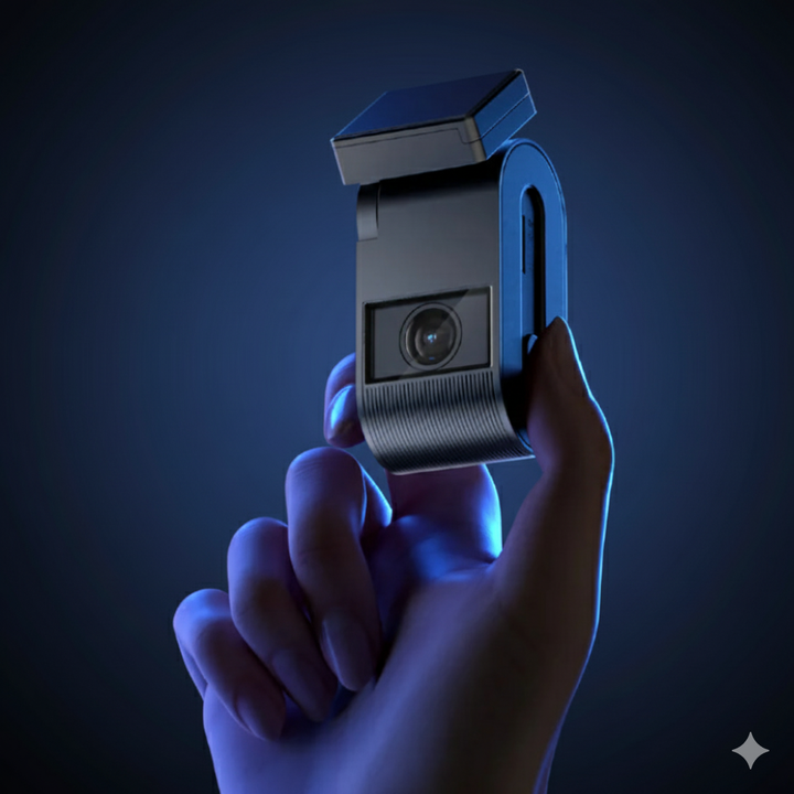 Hand holding a futuristic camera device against a dark background