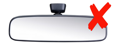 Car rearview mirror with a red 'X' mark over it