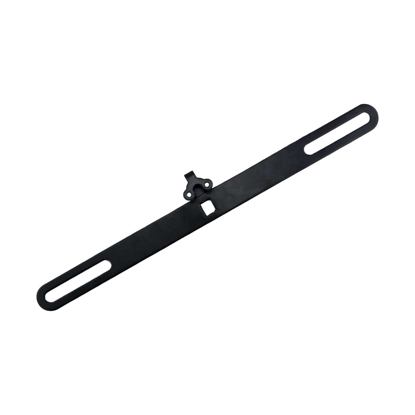 Black stainless steel license plate mounting bracket with oval cutouts