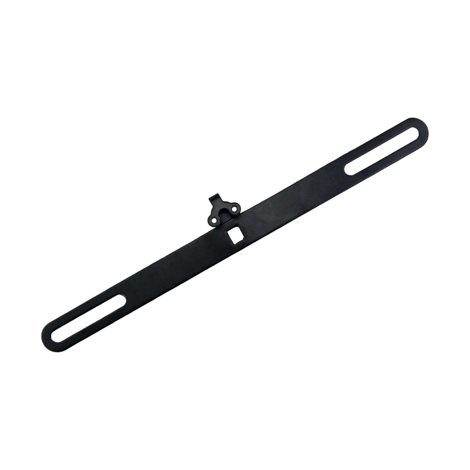 Black stainless steel license plate mounting bracket with oval cutouts