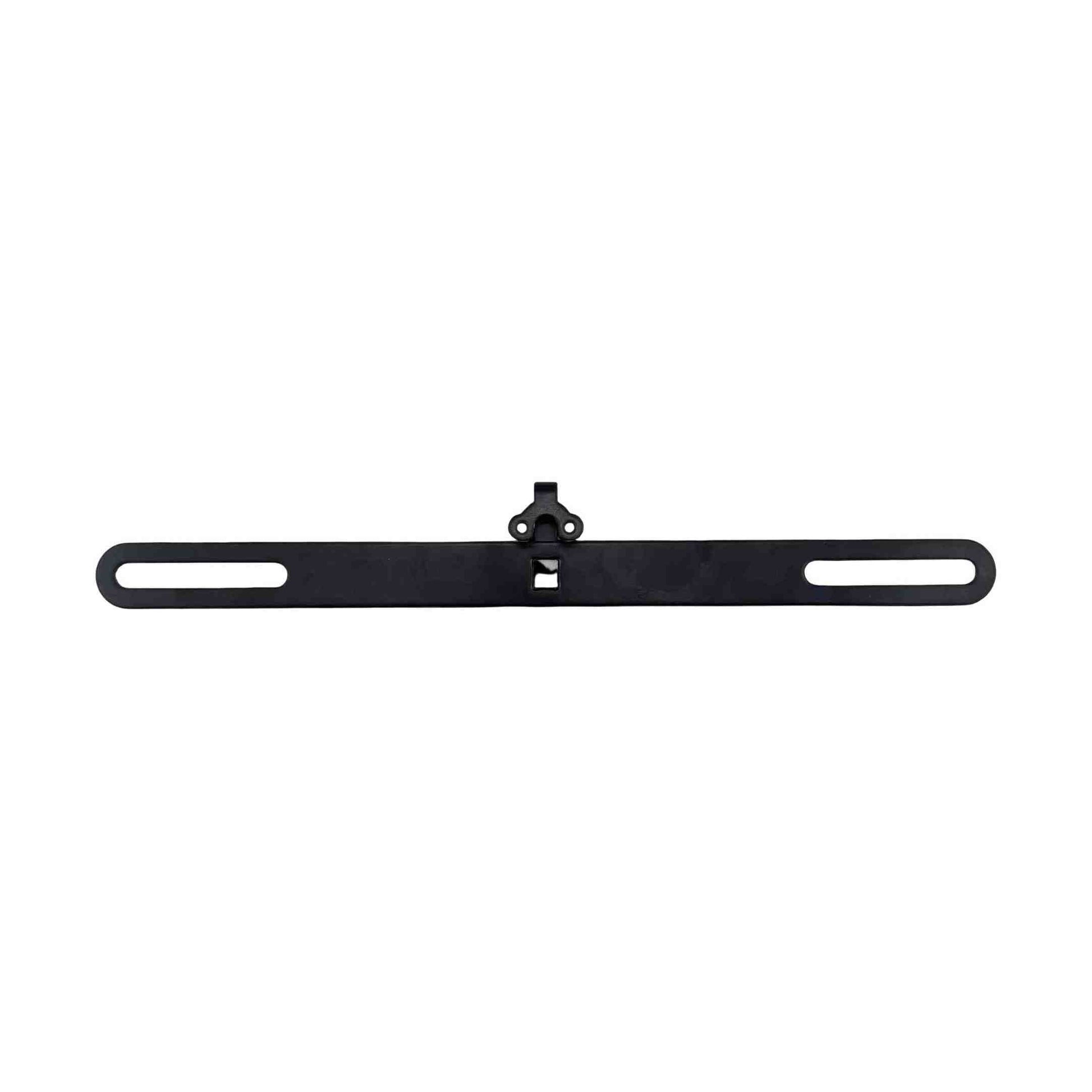 Top-down view of black license plate bracket mounting clip and holes