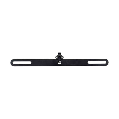 Top-down view of black license plate bracket mounting clip and holes
