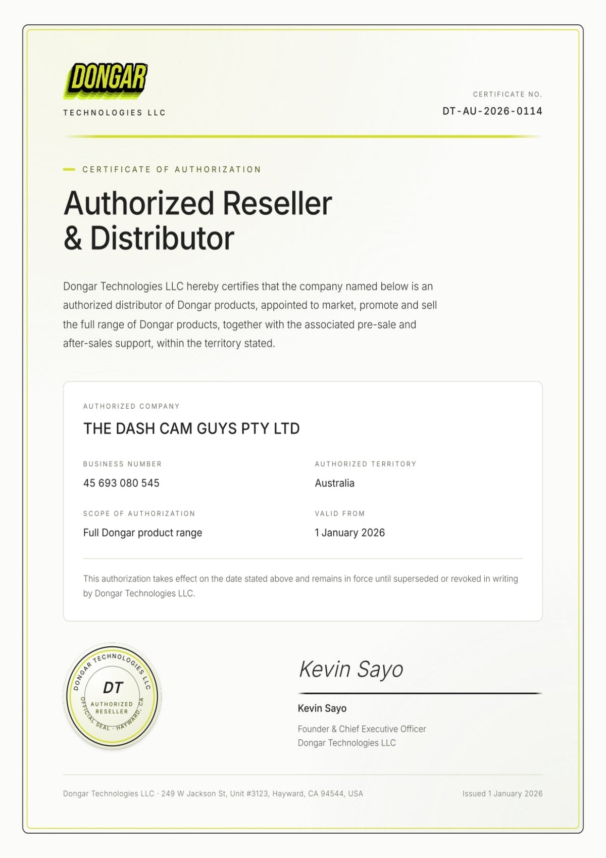An official Dongar Technologies LLC 'Certificate of Authorization' for an authorized reseller and distributor, dated January 1, 2026. The certificate features a white background with black text, a green and yellow Dongar logo at the top left, and a gold seal at the bottom left.