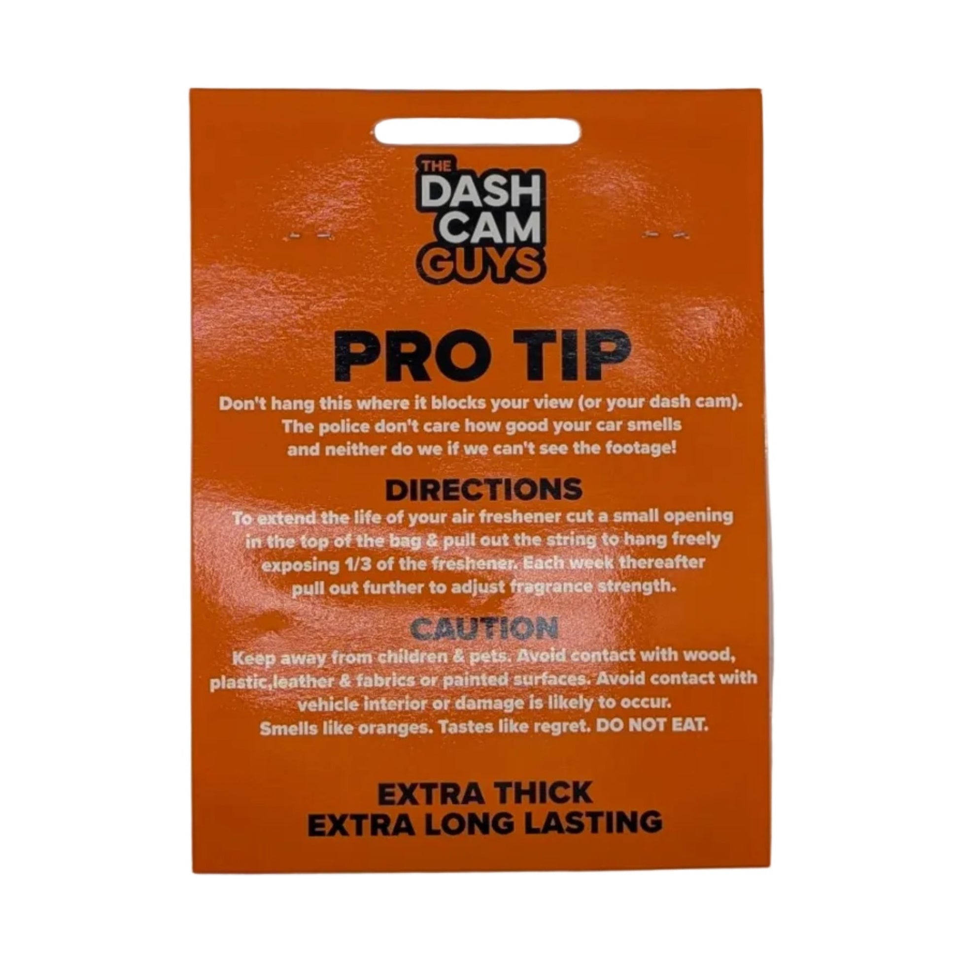 Back of orange bag for The Dash Cam Guys air freshener showing orange scent directions and caution labels