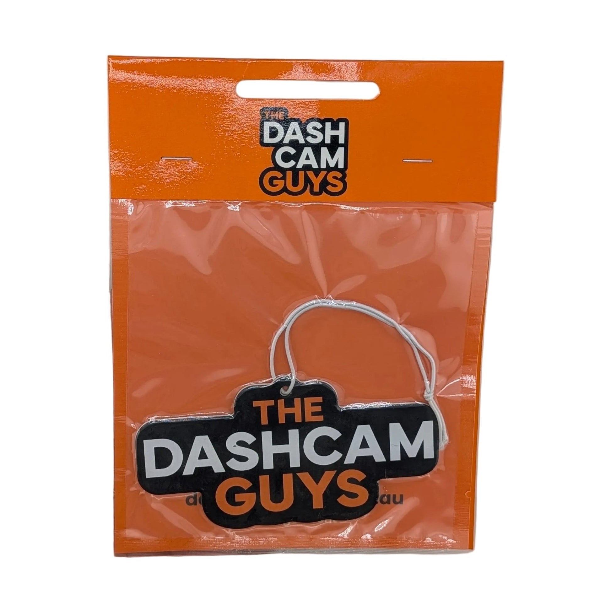 The Dash Cam Guys orange retail packaging with clear window showing black double-sided air freshener