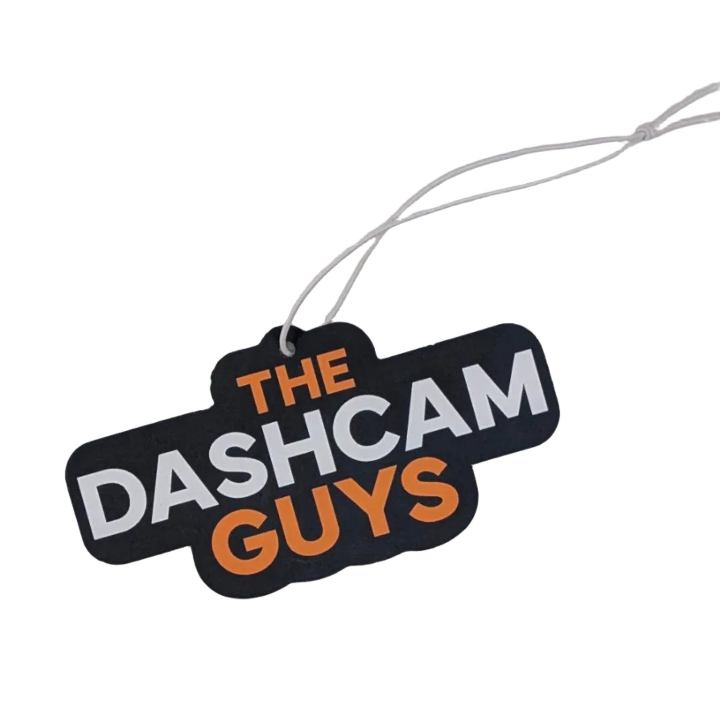 Black dash cam logo shaped activated charcoal air freshener with orange and white text on white background