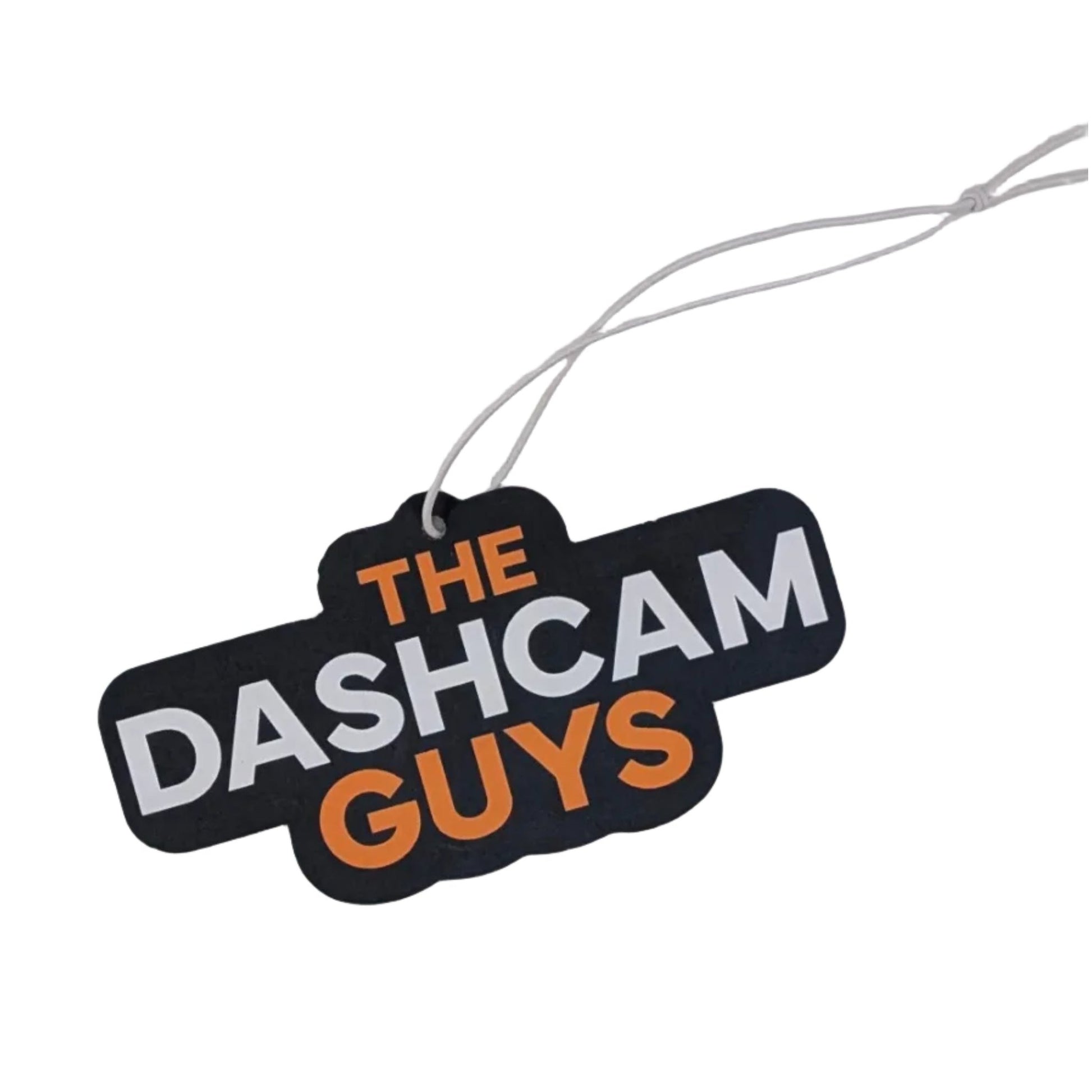 Black dash cam logo shaped activated charcoal air freshener with orange and white text on white background