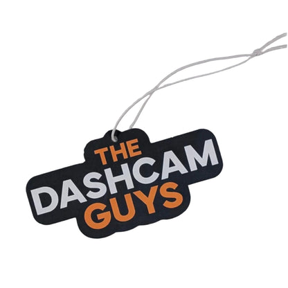 Black dash cam logo shaped activated charcoal air freshener with orange and white text on white background
