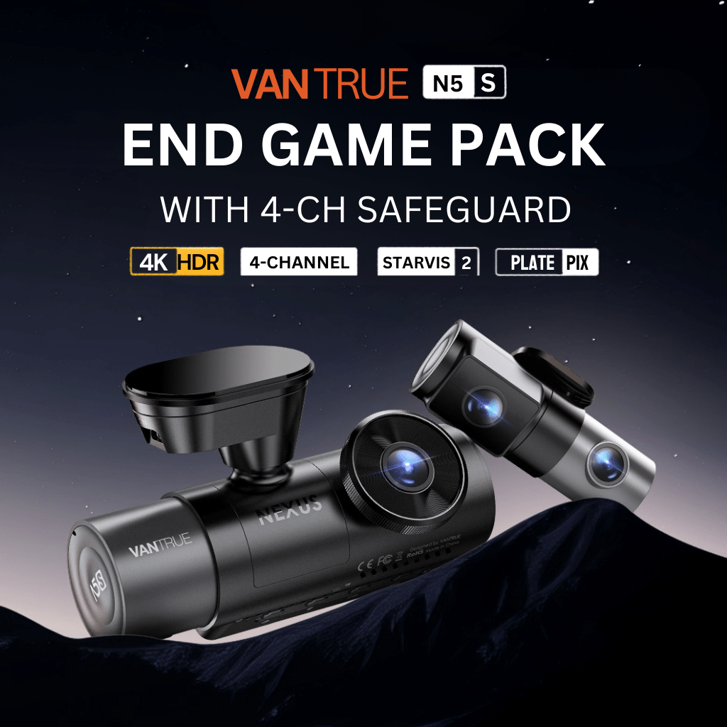 VANTRUE Nexus 5S 4-channel dash cam bundle with 360-degree coverage and LiFePO4 battery pack