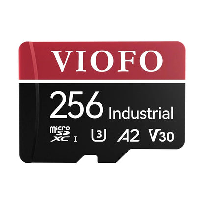 Close-up of VIOFO 256GB Industrial microSD card showing U3 A2 V30 specs