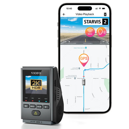 VIOFO A119 Mini 2 dash cam paired with smartphone showing GPS and STARVIS 2 app interface