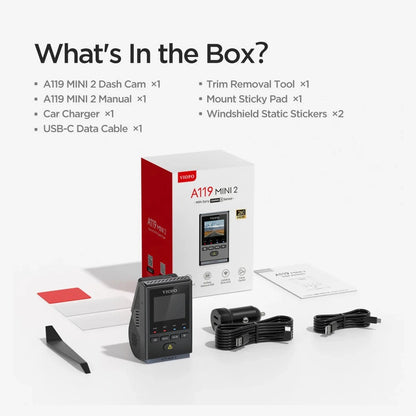 VIOFO A119 Mini 2 retail box unboxing layout with accessories and manual