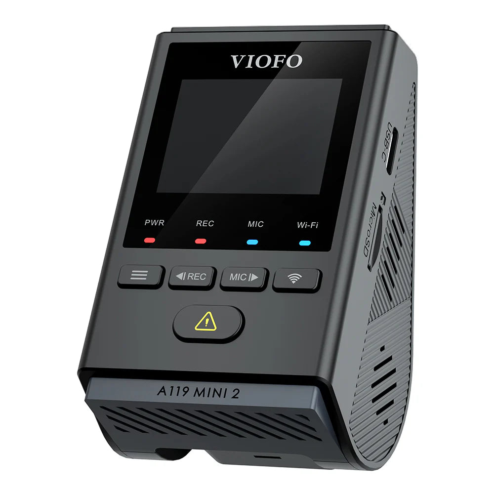 VIOFO A119 Mini 2 rear-left view showing USB-C port and Micro SD slot
