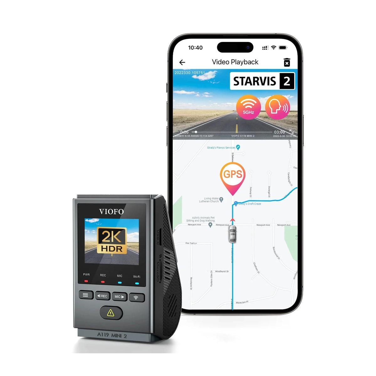 VIOFO A119 Mini 2 dash cam paired with smartphone showing GPS and STARVIS 2 app interface