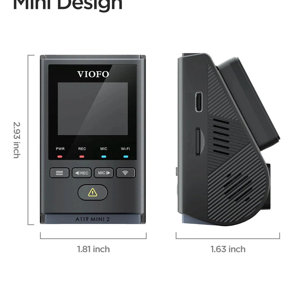 VIOFO A119 Mini 2 product diagram with dimensions, ports, and button layout