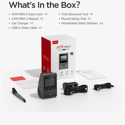 VIOFO A119 Mini 2 retail box unboxing layout with accessories and manual