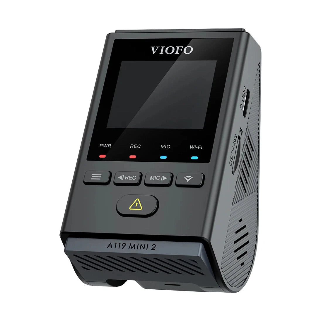 VIOFO A119 Mini 2 rear-left view showing USB-C port and Micro SD slot