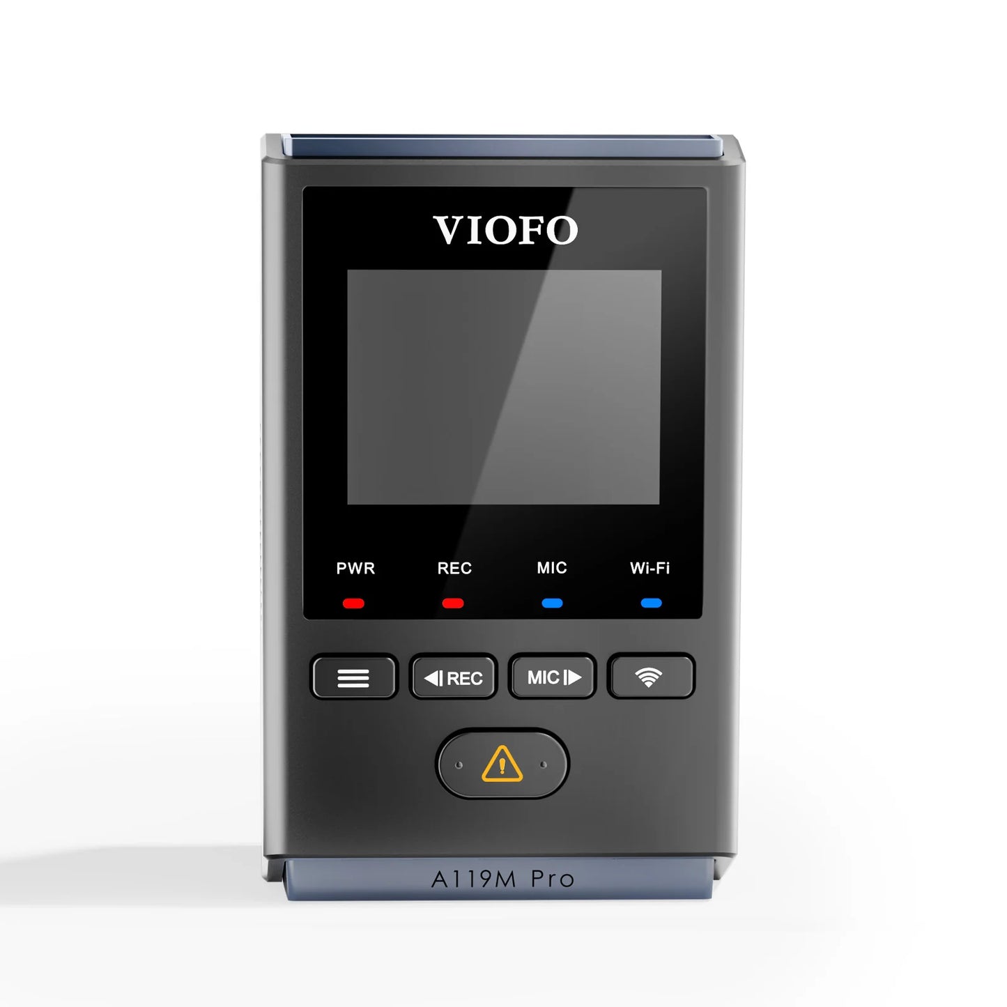 VIOFO A119M Pro front view showing screen, VIOFO logo, LED indicators and control buttons