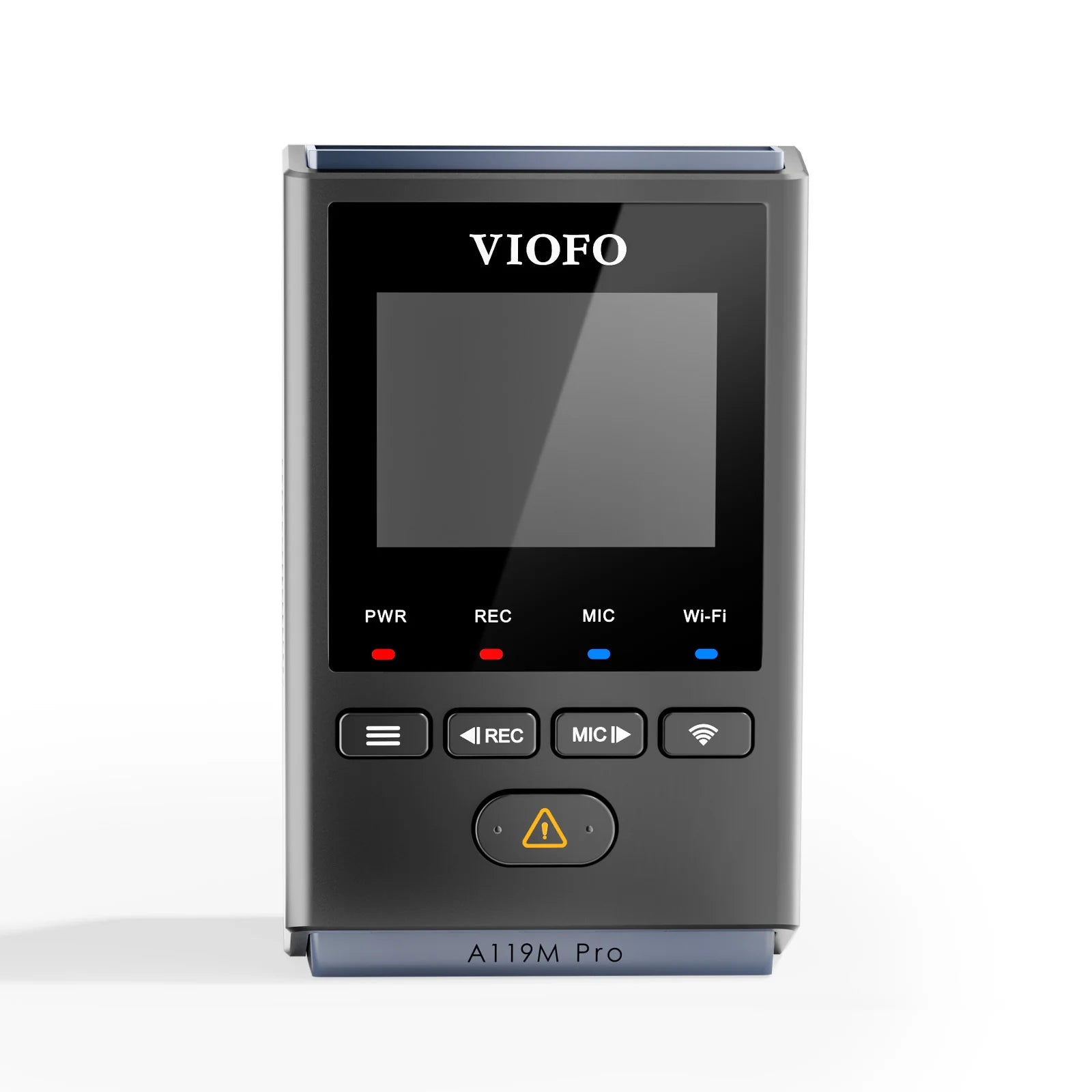 VIOFO A119M Pro front view showing screen, VIOFO logo, LED indicators and control buttons