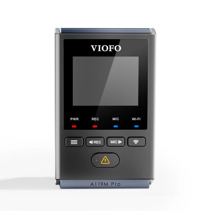 VIOFO A119M Pro front view showing screen, VIOFO logo, LED indicators and control buttons