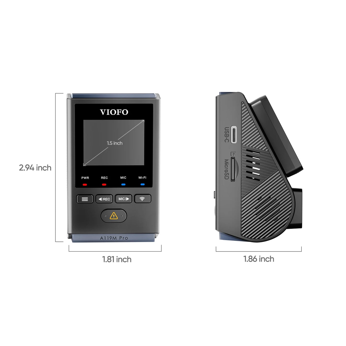 VIOFO A119M Pro dimensions diagram showing size, ports and textured vented panel