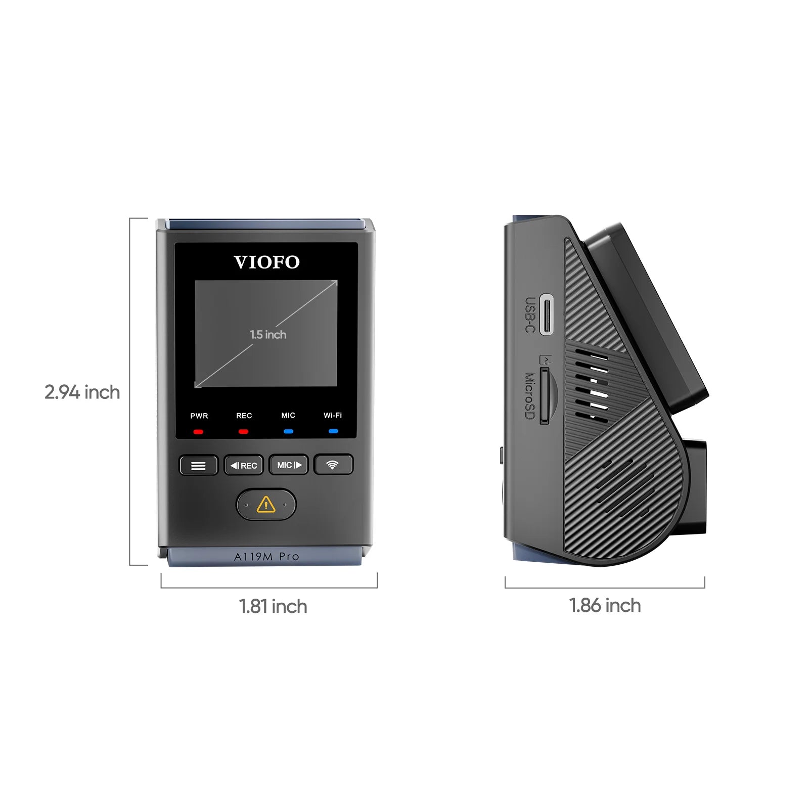 VIOFO A119M Pro dimensions diagram showing size, ports and textured vented panel