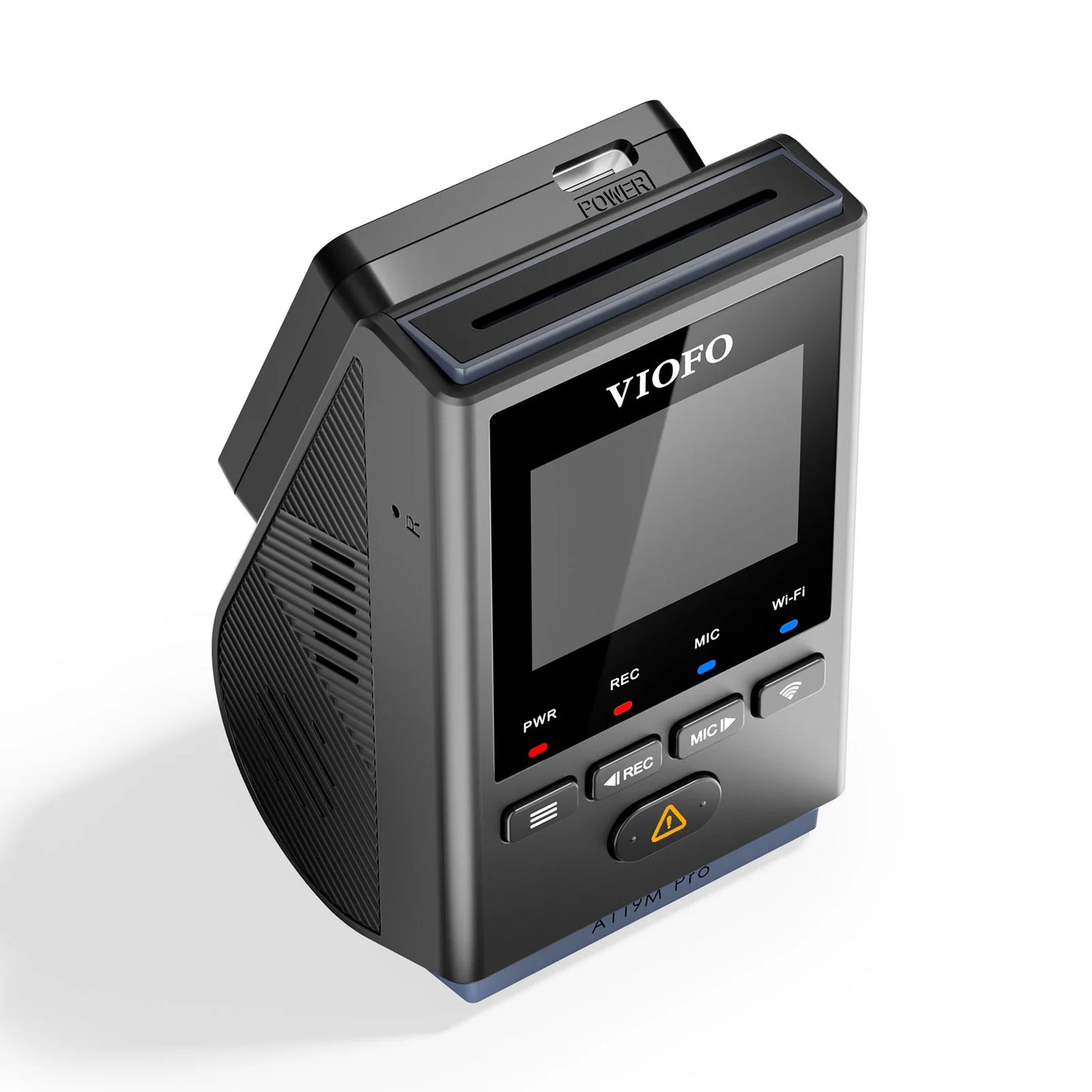 VIOFO A119M Pro top-front view showing power slot, screen and control button layout