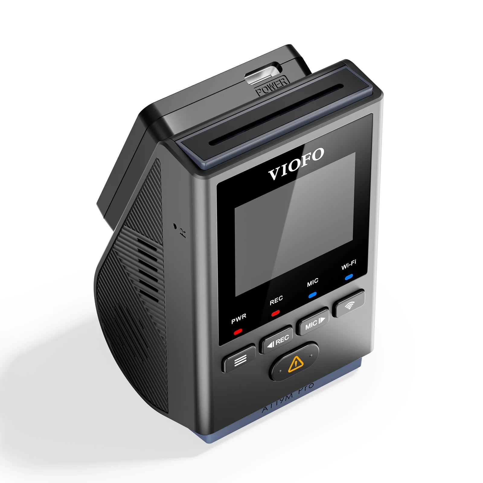 VIOFO A119M Pro top-front view showing power slot, screen and control button layout