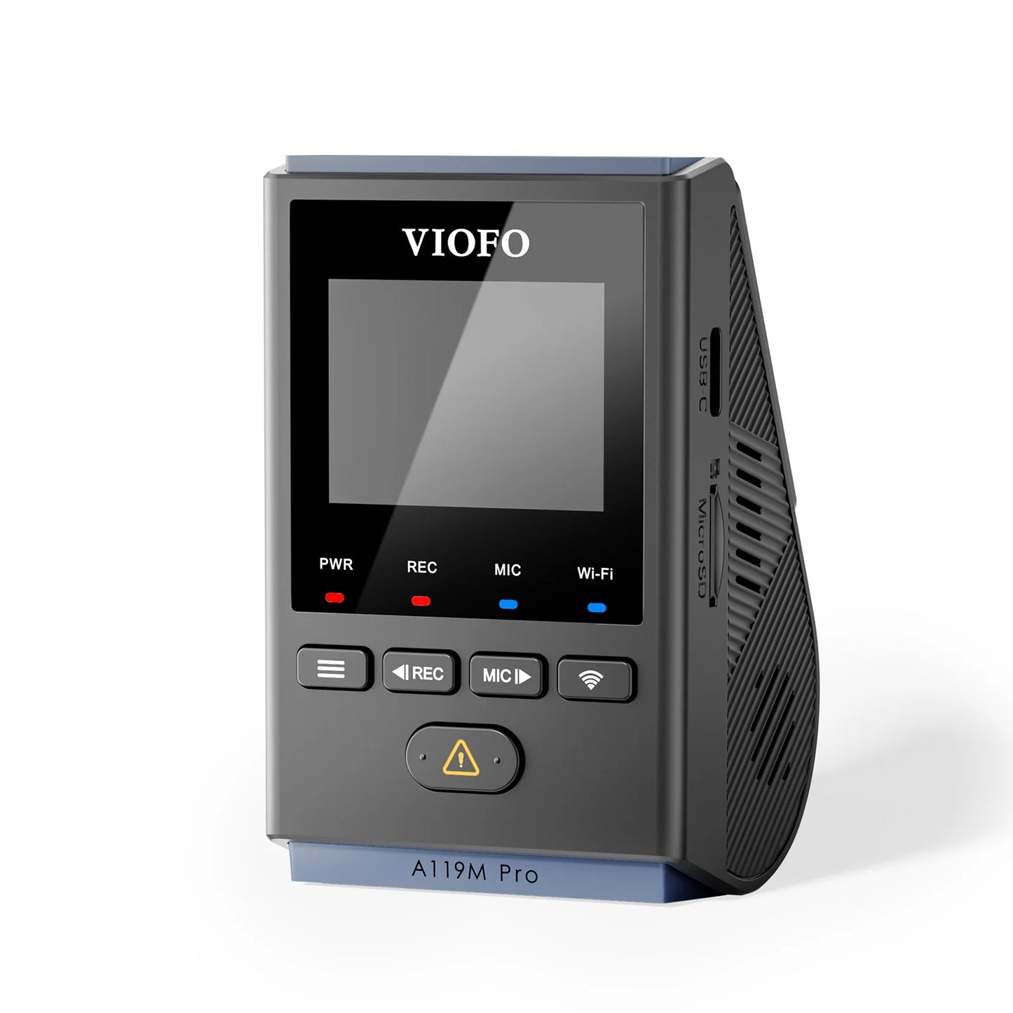 VIOFO A119M Pro right-side view revealing USB-C port, MicroSD slot and ribbed casing