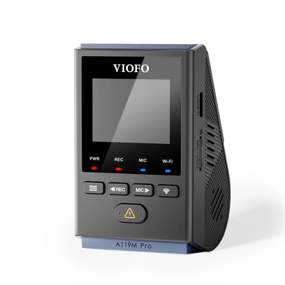 VIOFO A119M Pro right-side view revealing USB-C port, MicroSD slot and ribbed casing