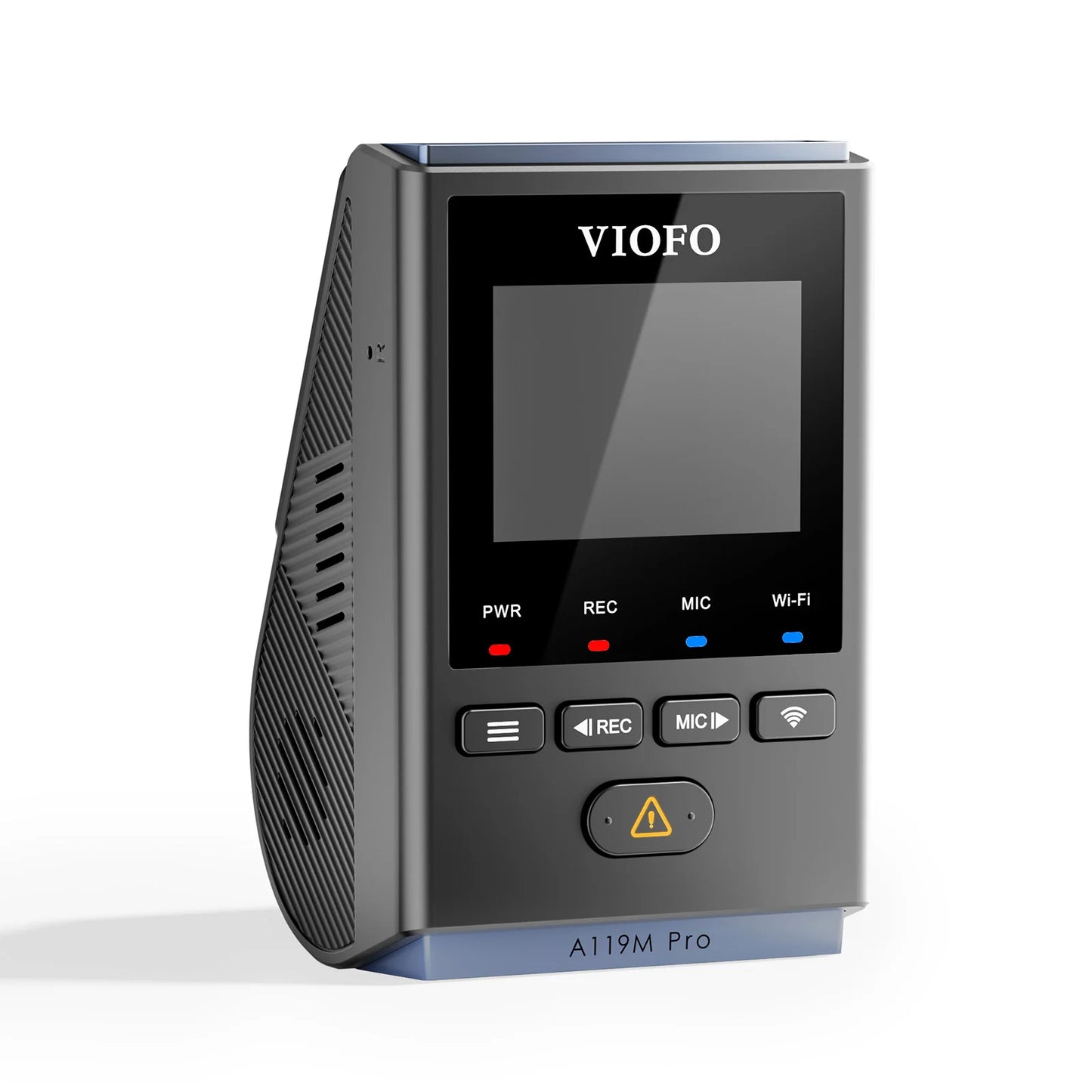 VIOFO A119M Pro angled view displaying front controls, screen and side ventilation slits