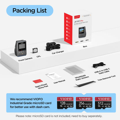 VIOFO A119M Pro box contents display including camera, charger, CPL filter and accessories
