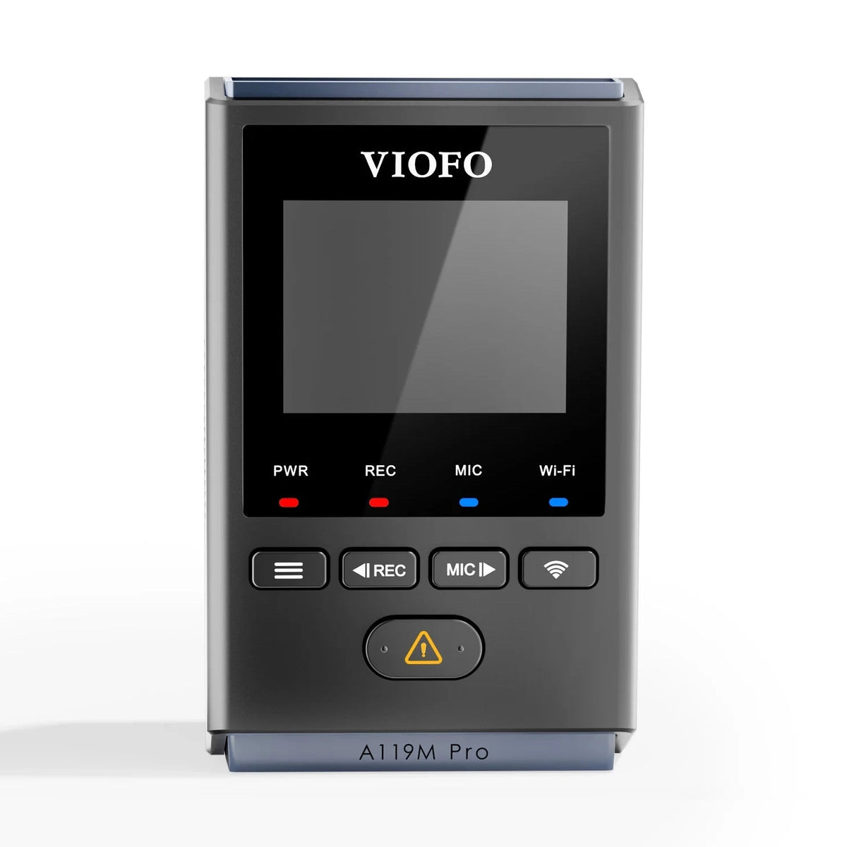 VIOFO A119M Pro front view showing screen, VIOFO logo, LED indicators and control buttons