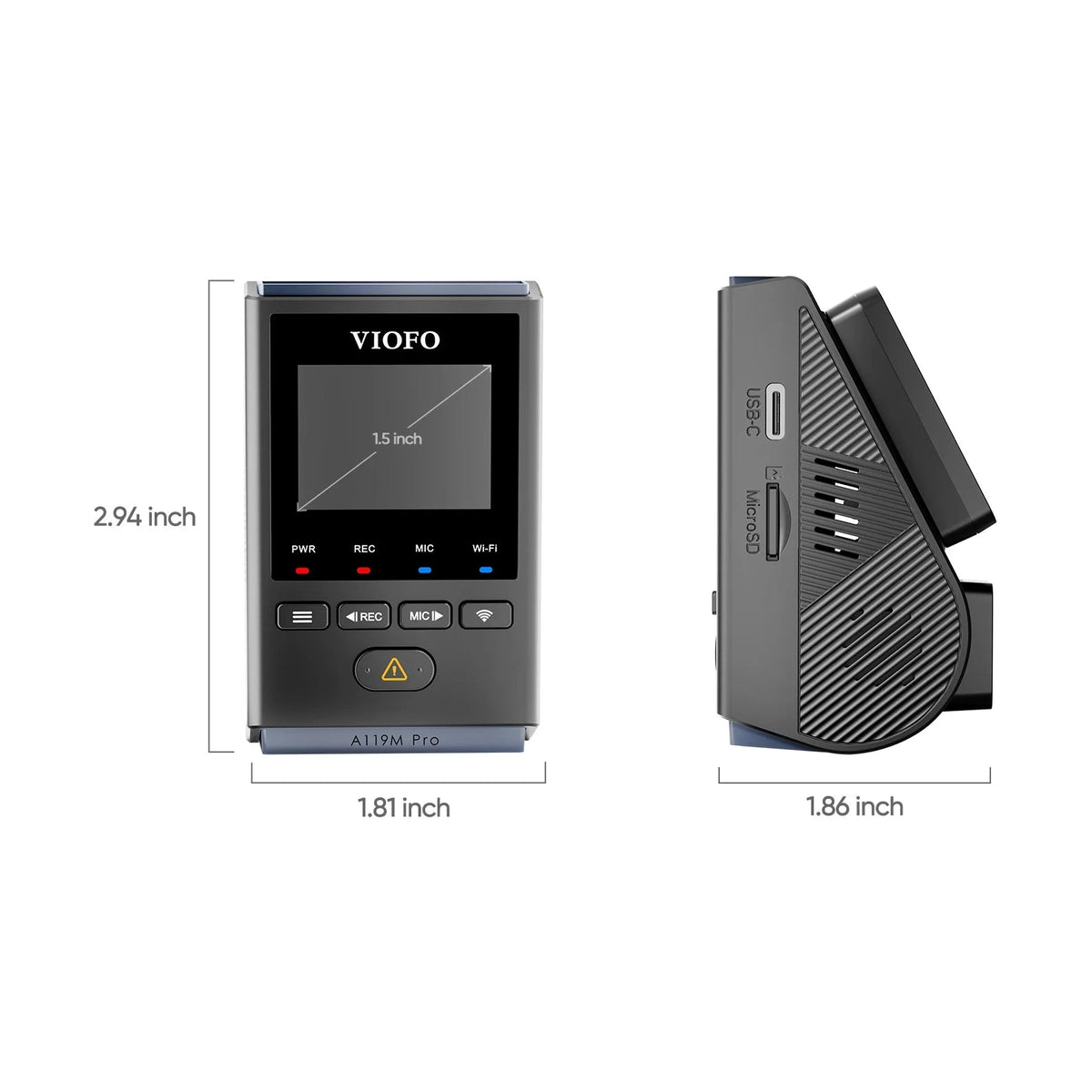VIOFO A119M Pro dimensions diagram showing size, ports and textured vented panel