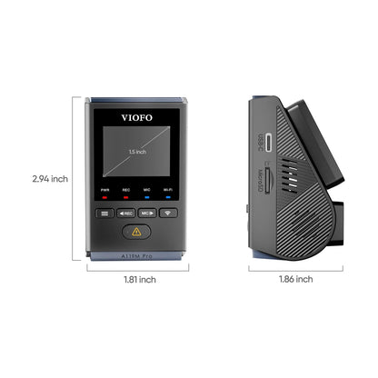 VIOFO A119M Pro dimensions diagram showing size, ports and textured vented panel