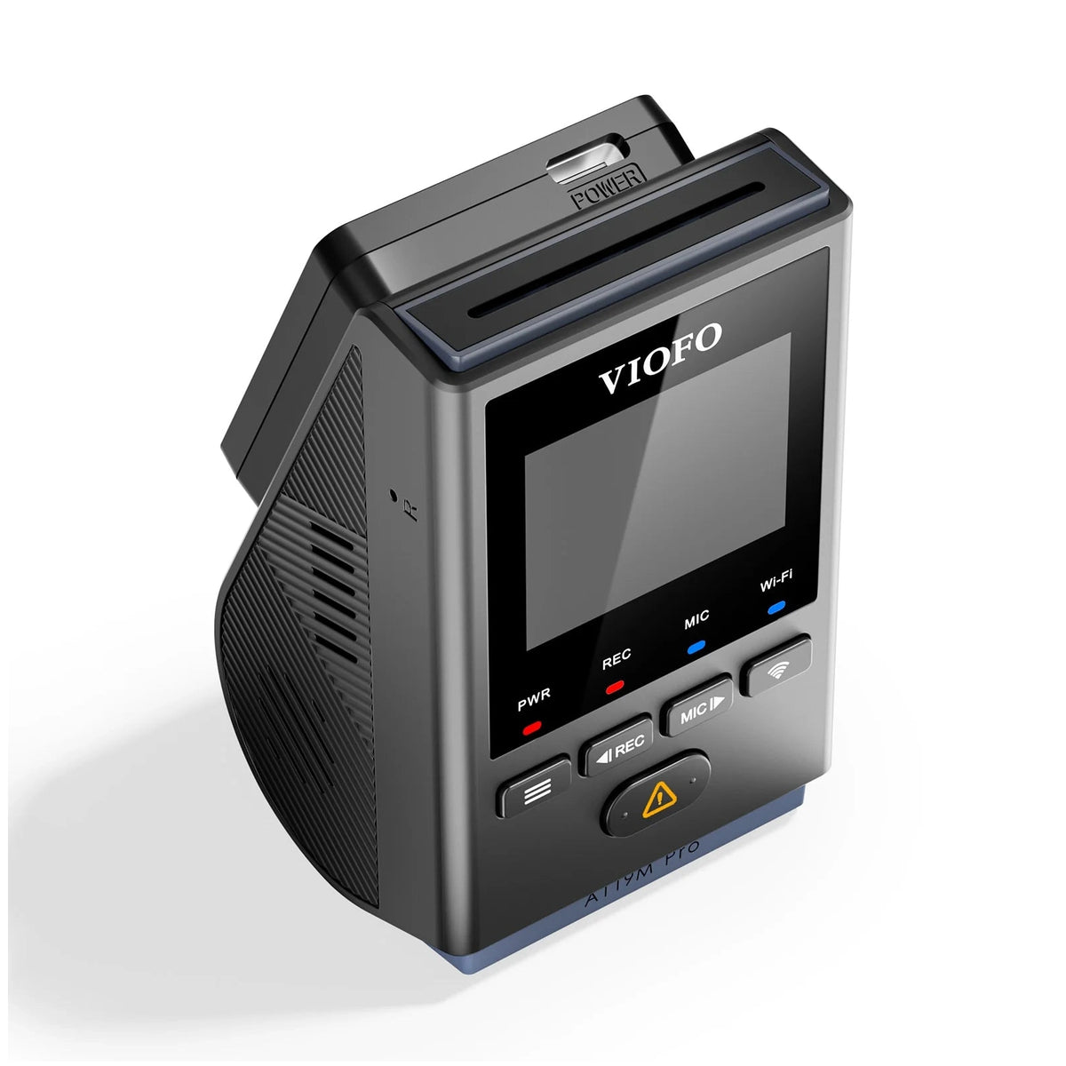 VIOFO A119M Pro top-front view showing power slot, screen and control button layout