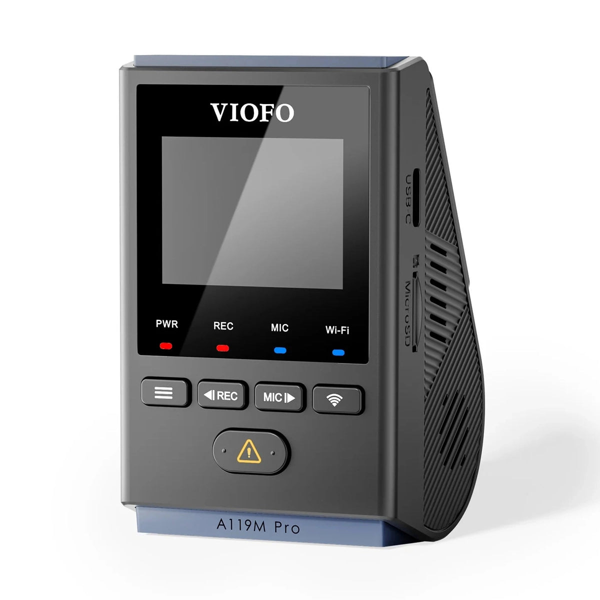 VIOFO A119M Pro right-side view revealing USB-C port, MicroSD slot and ribbed casing