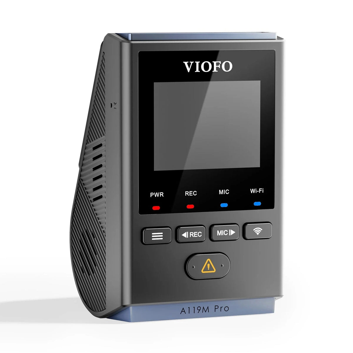 VIOFO A119M Pro angled view displaying front controls, screen and side ventilation slits