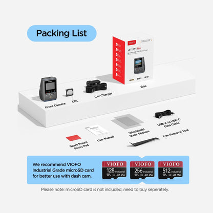 VIOFO A119M Pro box contents display including camera, charger, CPL filter and accessories