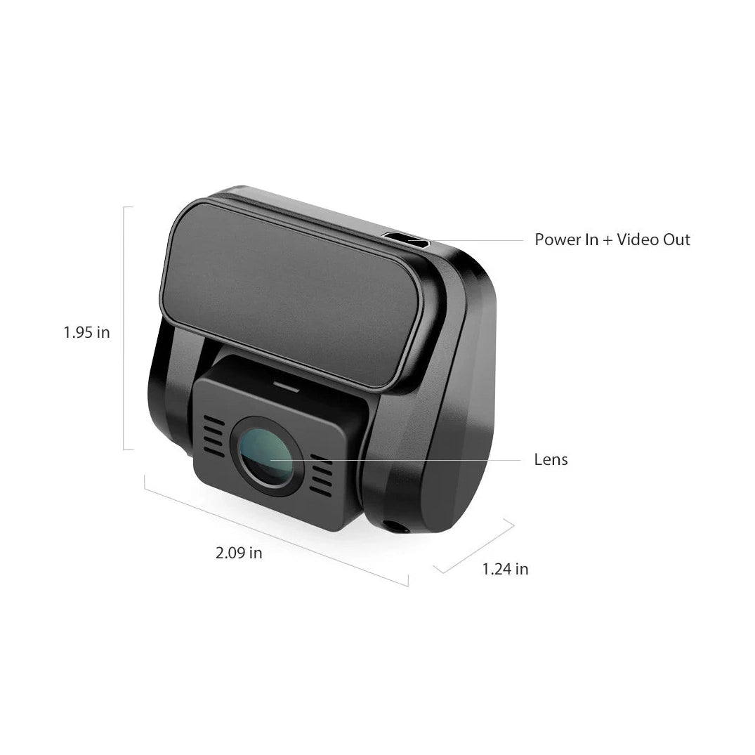 VIOFO A129 Plus Duo dimension diagram showing height width depth and lens placement