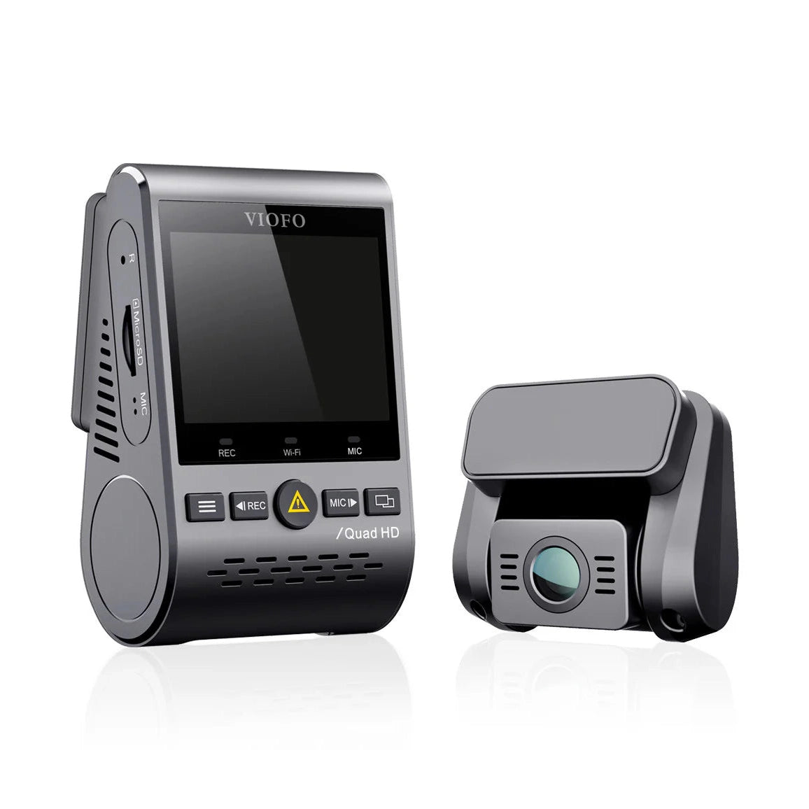 VIOFO A129 Plus Duo system shot featuring main unit and separate rear camera on white surface