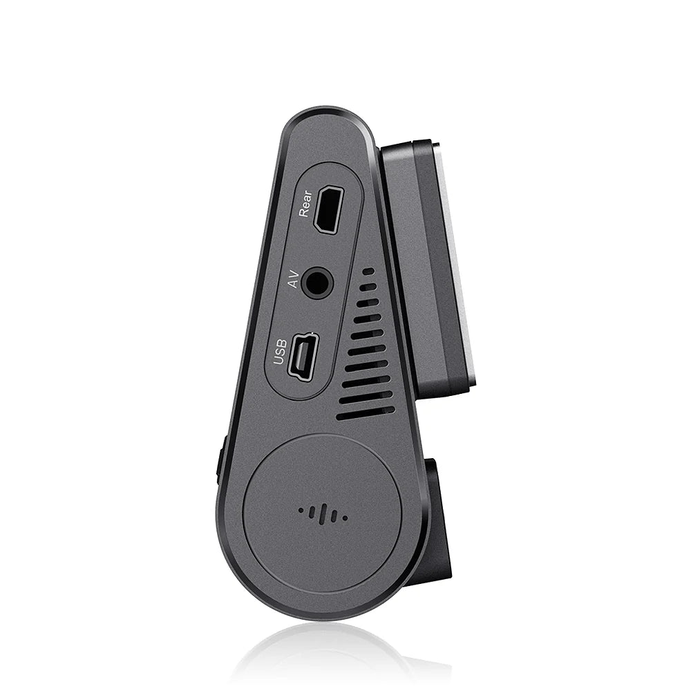 VIOFO A129 Plus Duo side profile showing Rear AV and USB ports with curved body