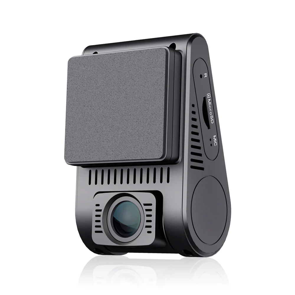 VIOFO A129 Plus Duo side view showing MicroSD slot, microphone hole, and green-tinted lens