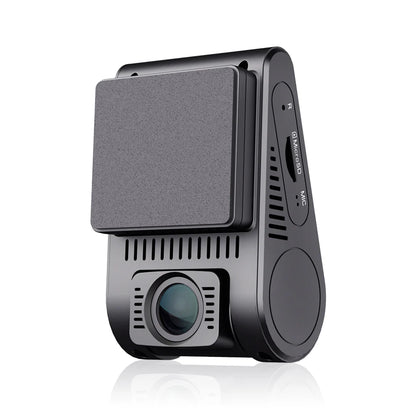 VIOFO A129 Plus Duo side view showing MicroSD slot, microphone hole, and green-tinted lens