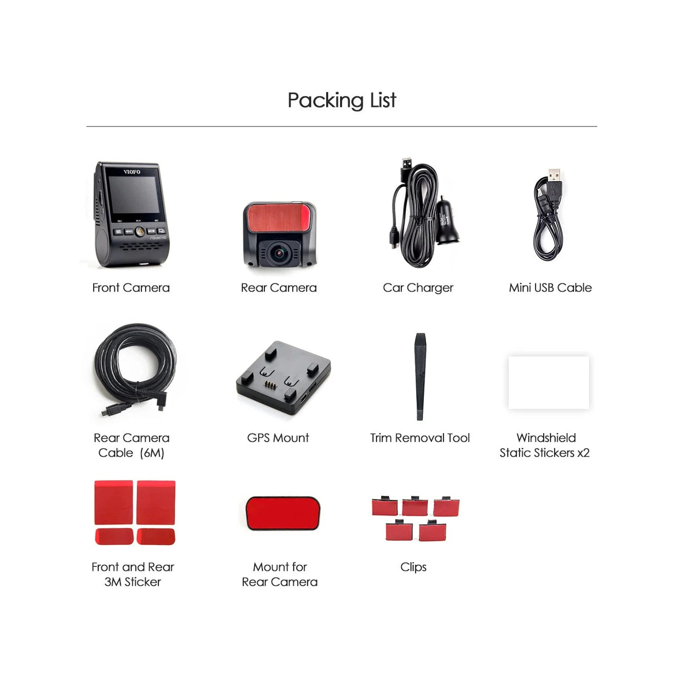 VIOFO A129 Plus Duo complete packing list including charger cables GPS mount and stickers