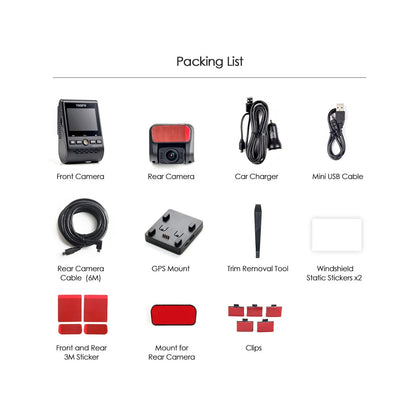 VIOFO A129 Plus Duo complete packing list including charger cables GPS mount and stickers