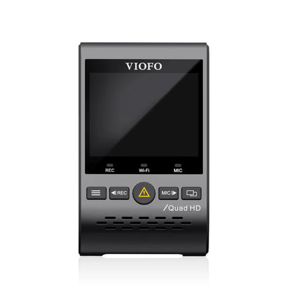 VIOFO A129 Plus Duo front unit displaying REC Wi-Fi MIC lights and Quad HD label