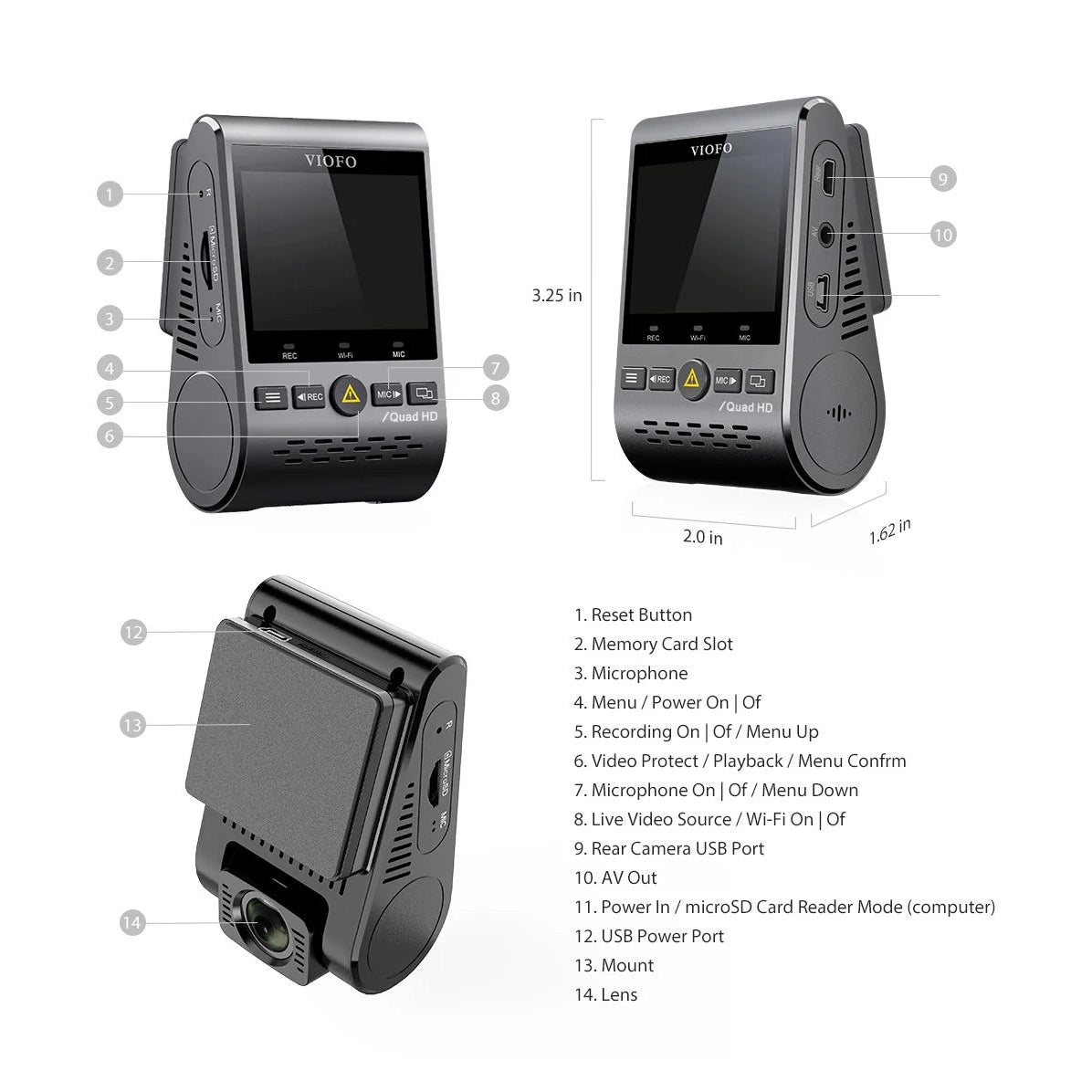 VIOFO A129 Plus Duo technical diagram labeling ports, buttons, and dimensions